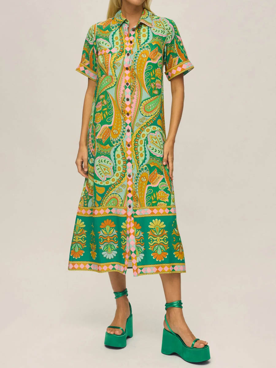 Placement Print Short Sleeve Belted Dress