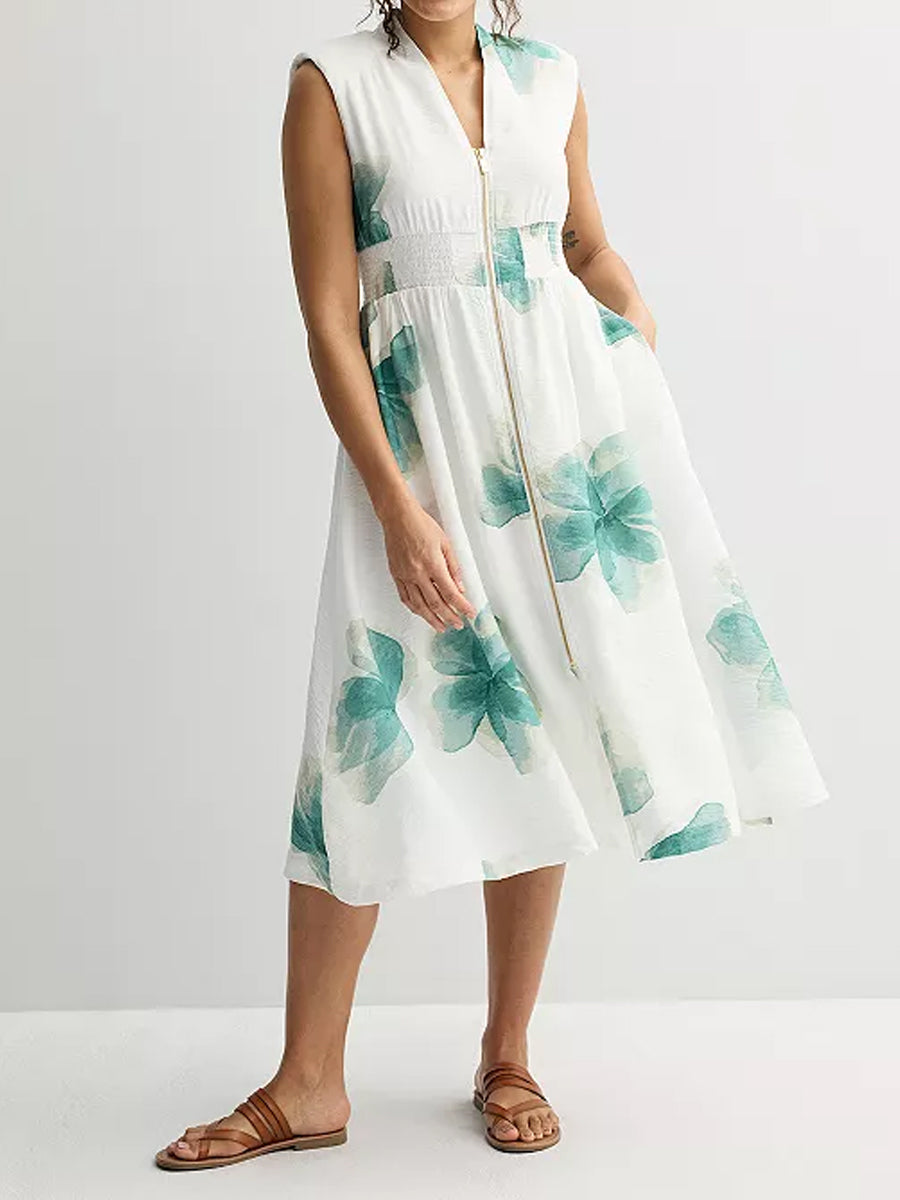 Printed Sleeveless Zip Front Midi Dress