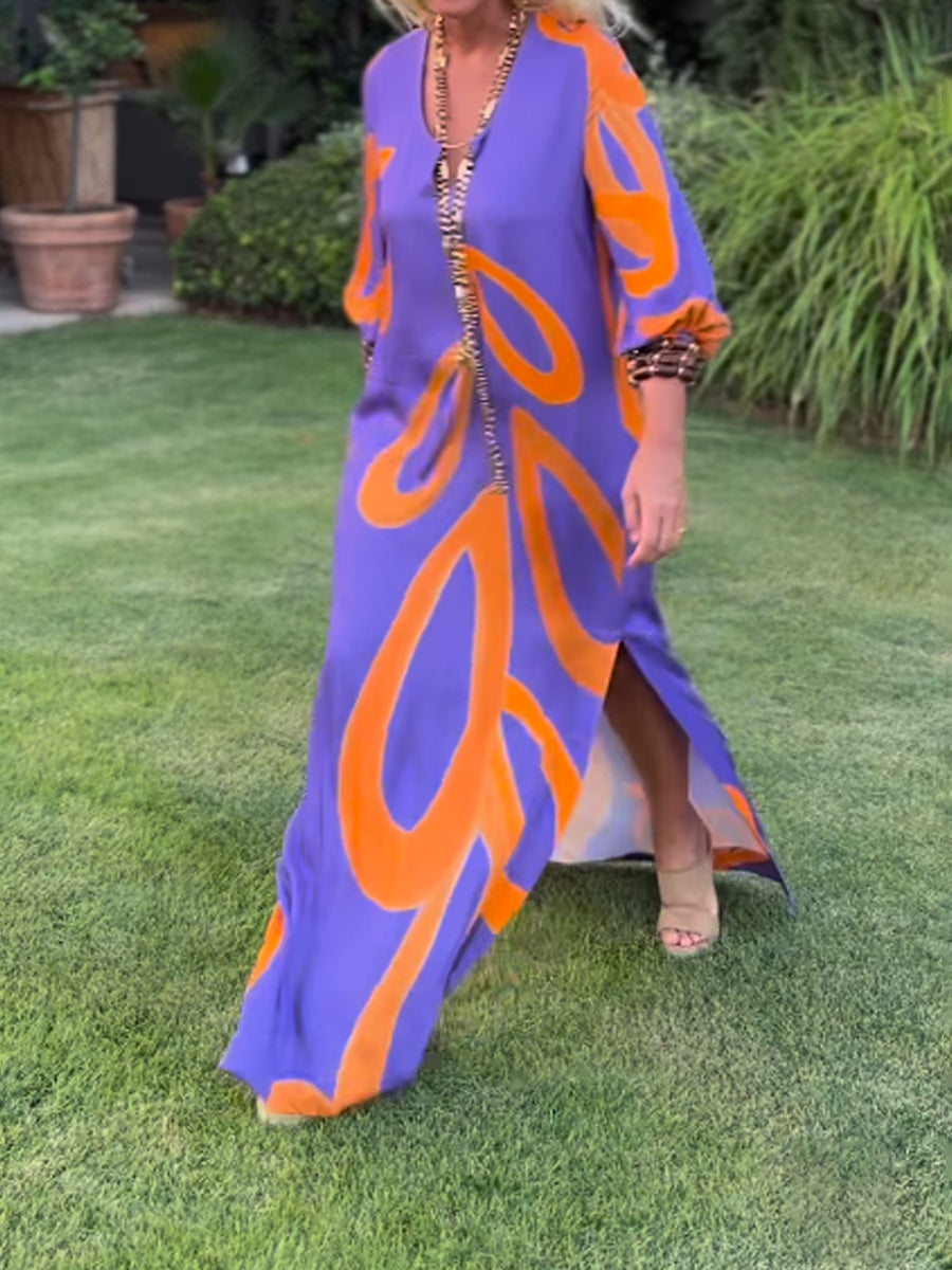 Printed V Neck Slit Hem Loose Maxi Dress