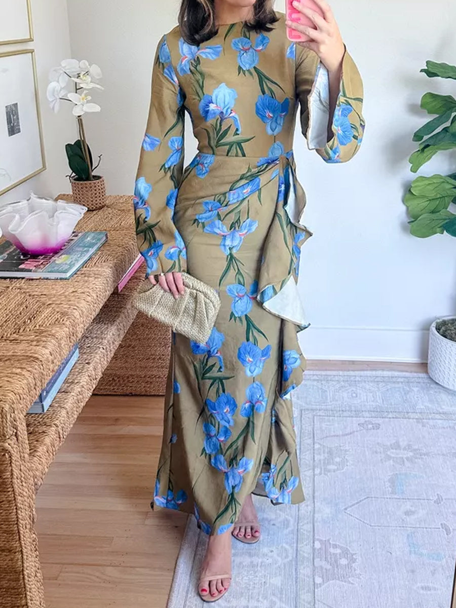 Floral Print Ruffled Long Sleeve Maxi Dress