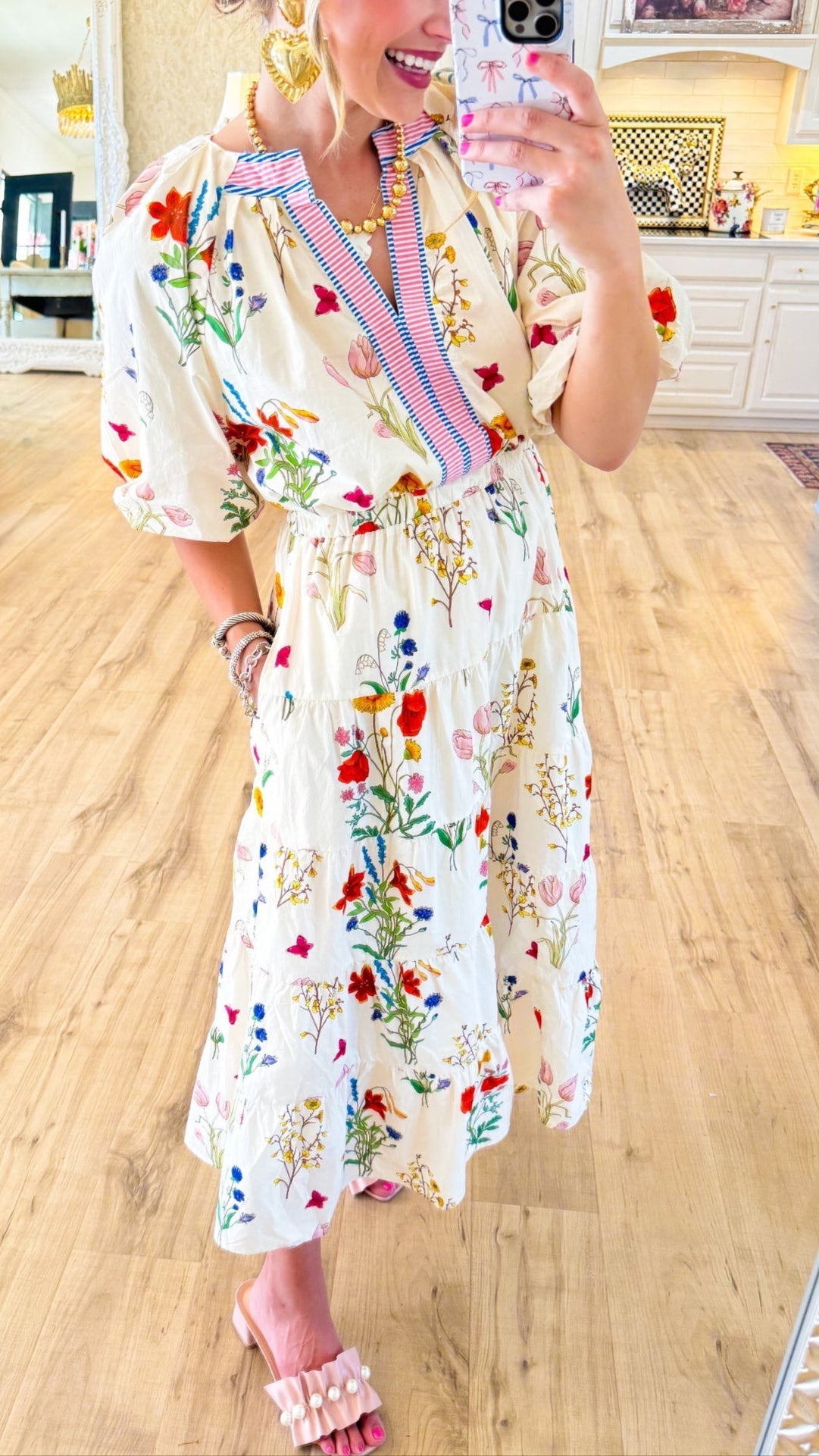 Cream Floral Puff Sleeve Midi Dress
