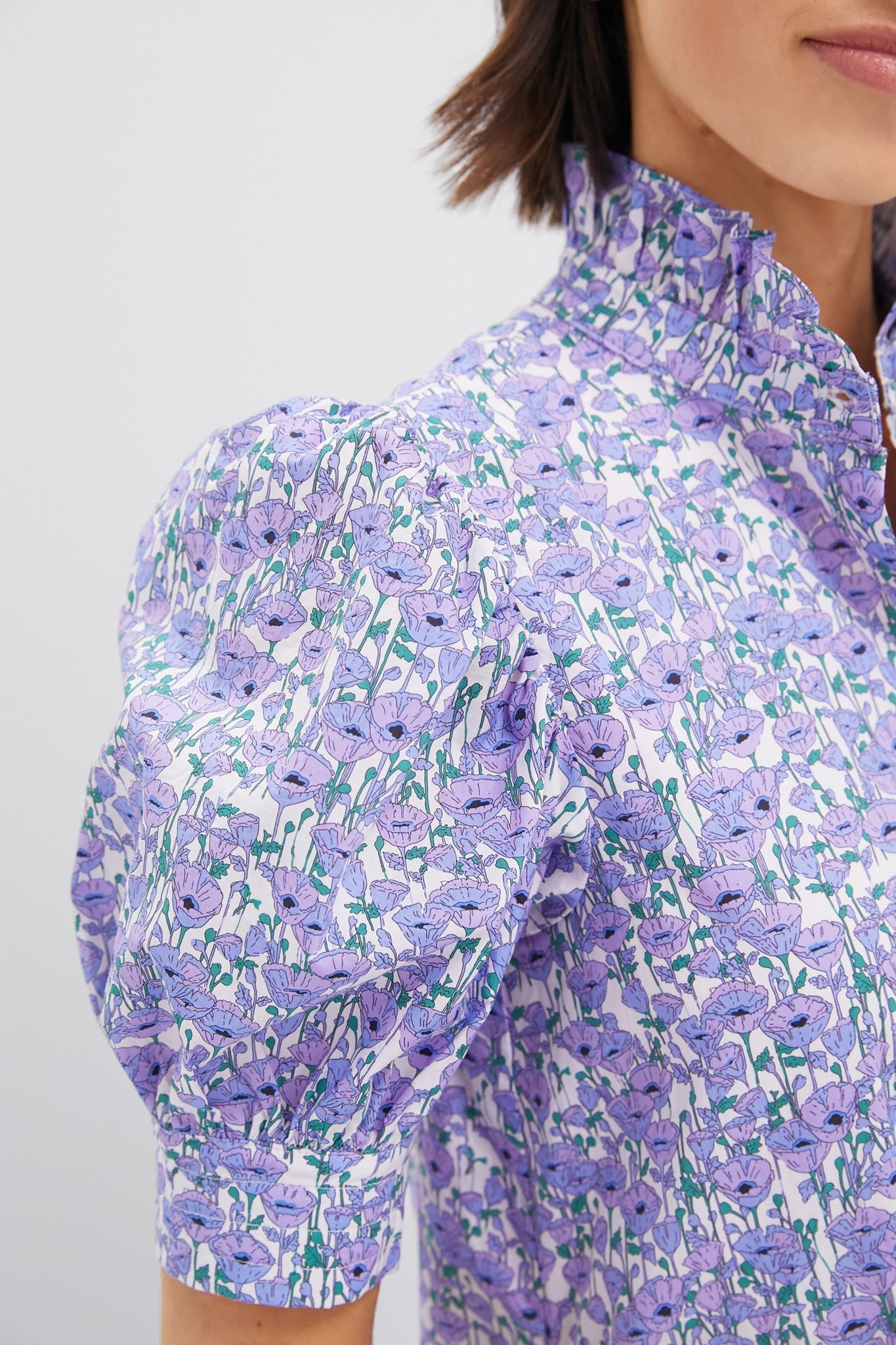 Purple Poppies Ruffle Collar Cotton Maxi Dress