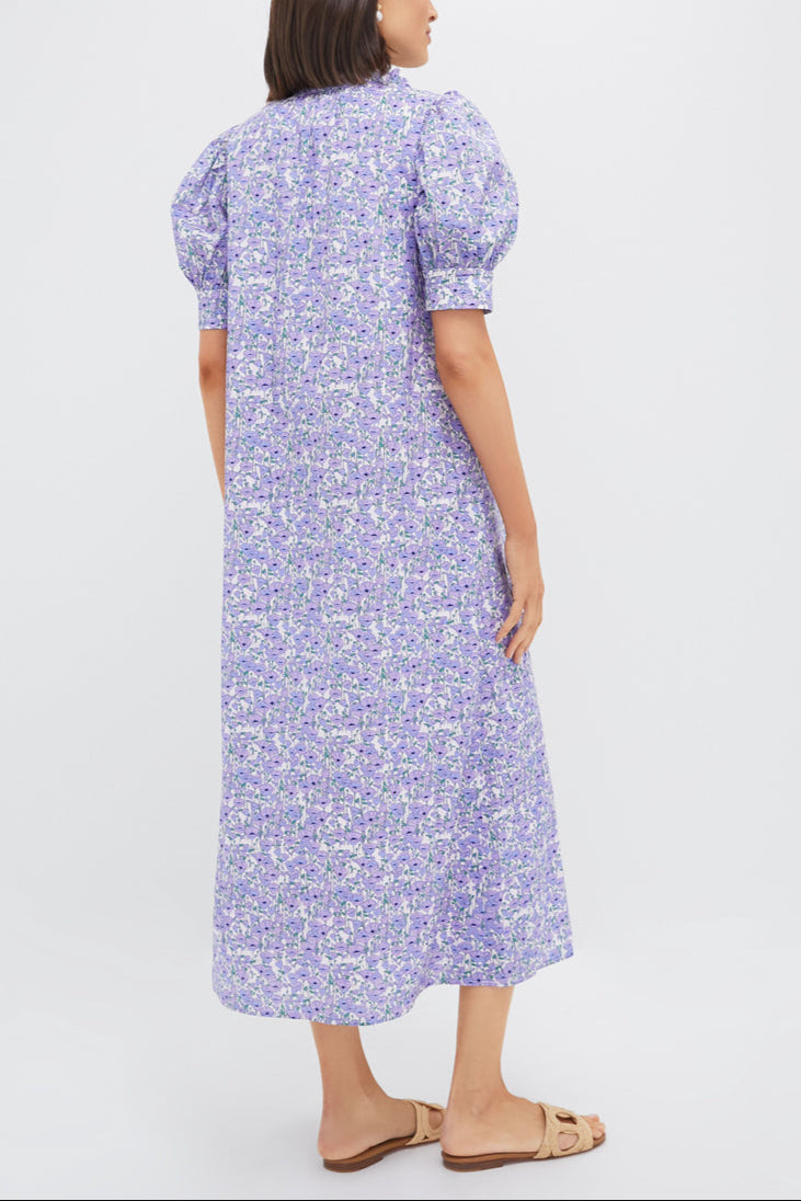 Purple Poppies Ruffle Collar Cotton Maxi Dress