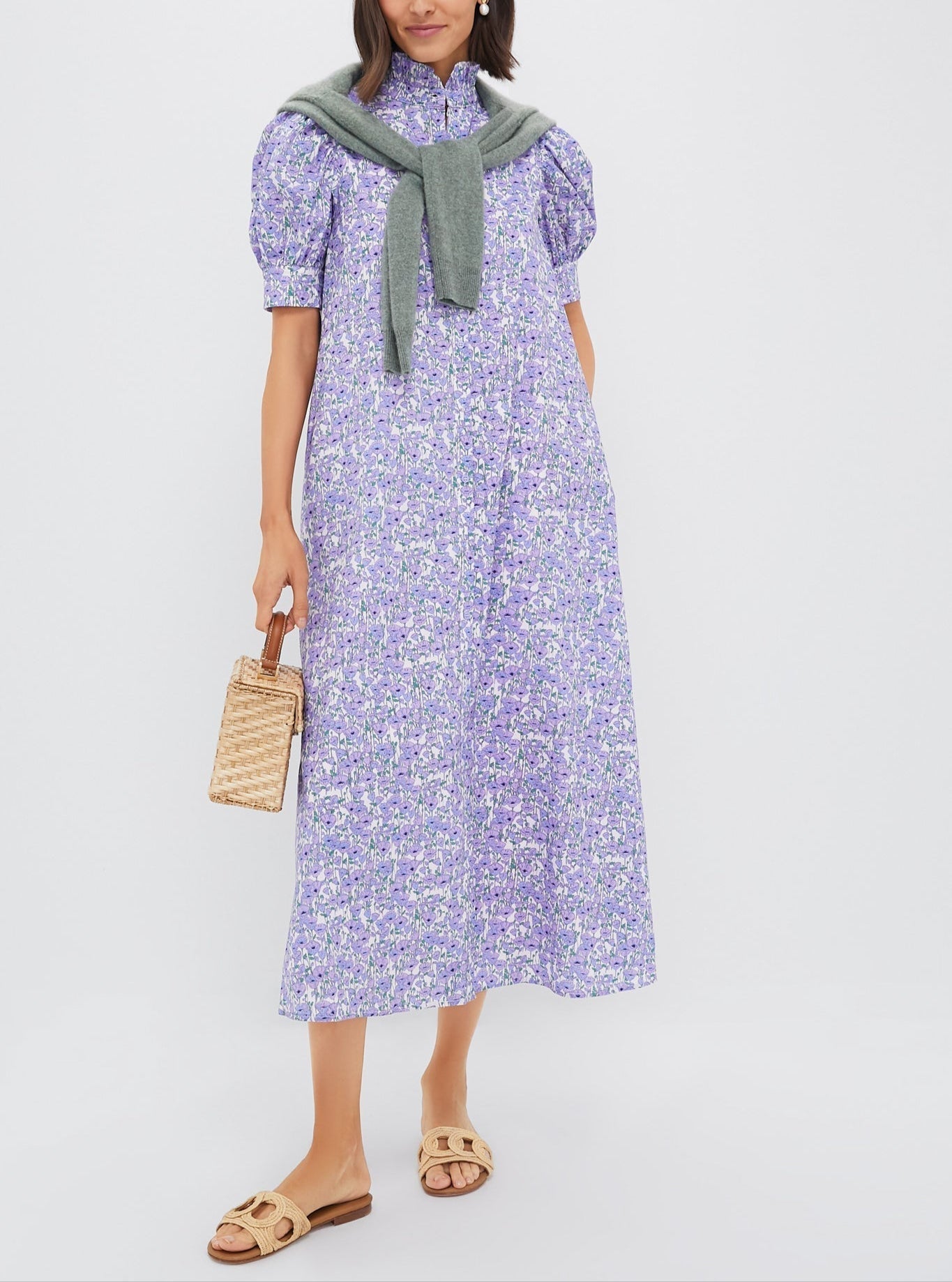Purple Poppies Ruffle Collar Cotton Maxi Dress