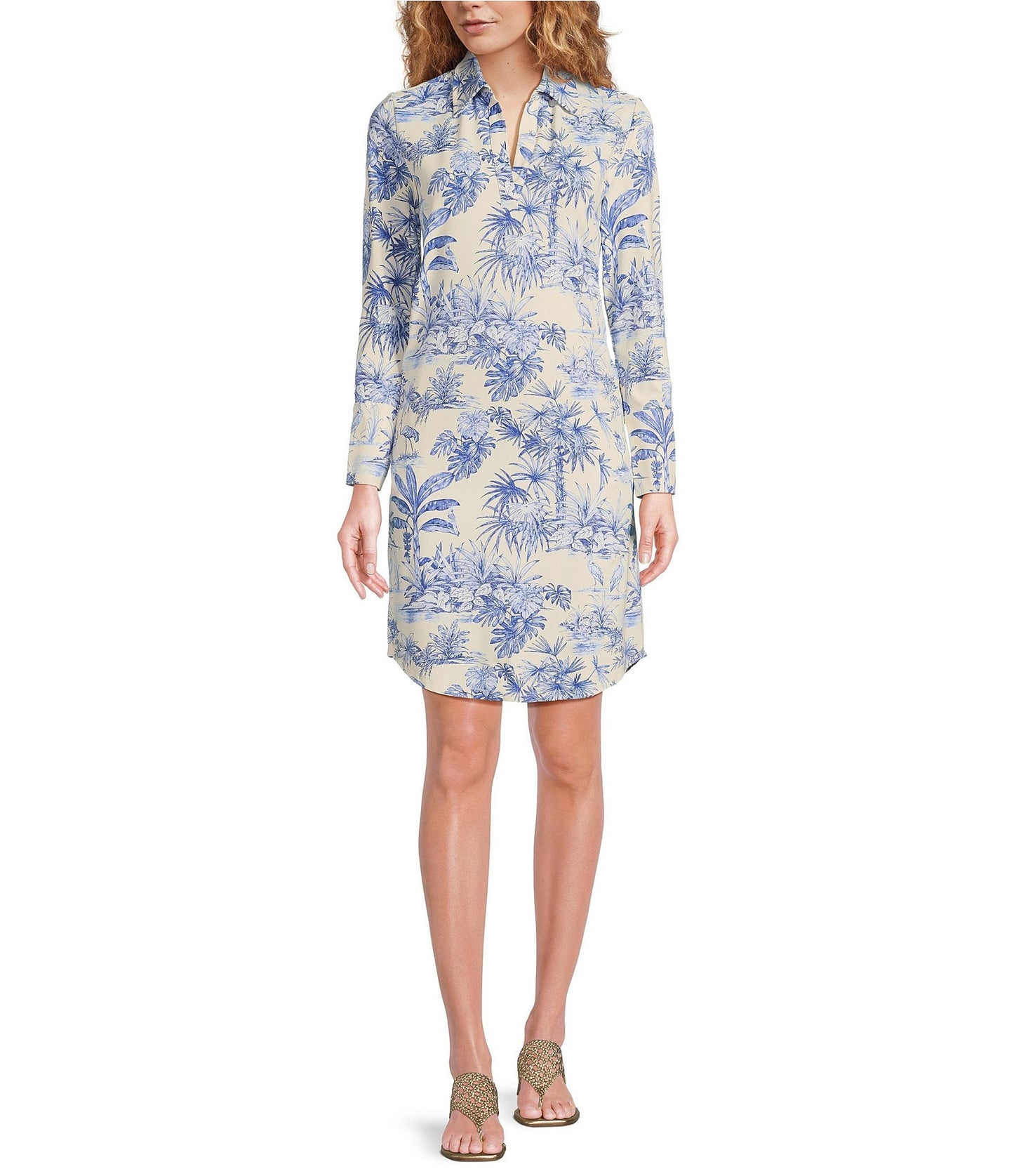 Knit Cloth Printed Split V-Neck Long Sleeve Dress