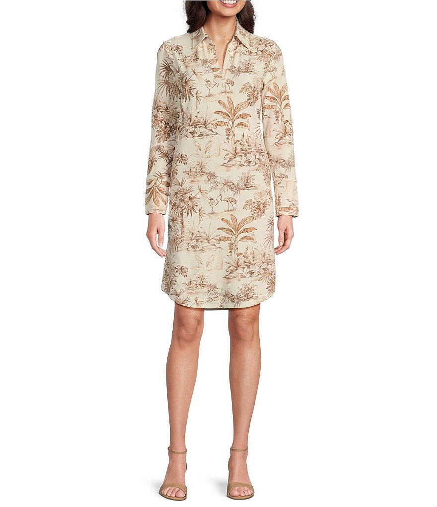 Knit Cloth Printed Split V-Neck Long Sleeve Dress