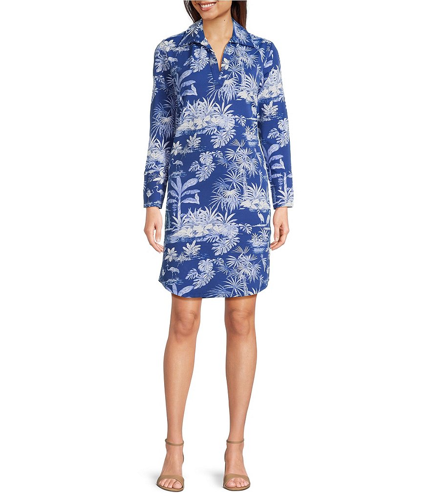 Knit Cloth Printed Split V-Neck Long Sleeve Dress