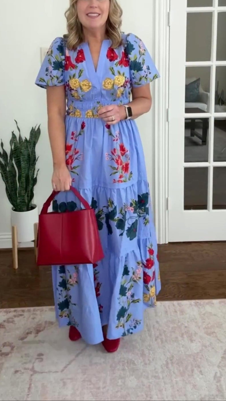 Elegant V-neck Smocked Waist Printed Dress