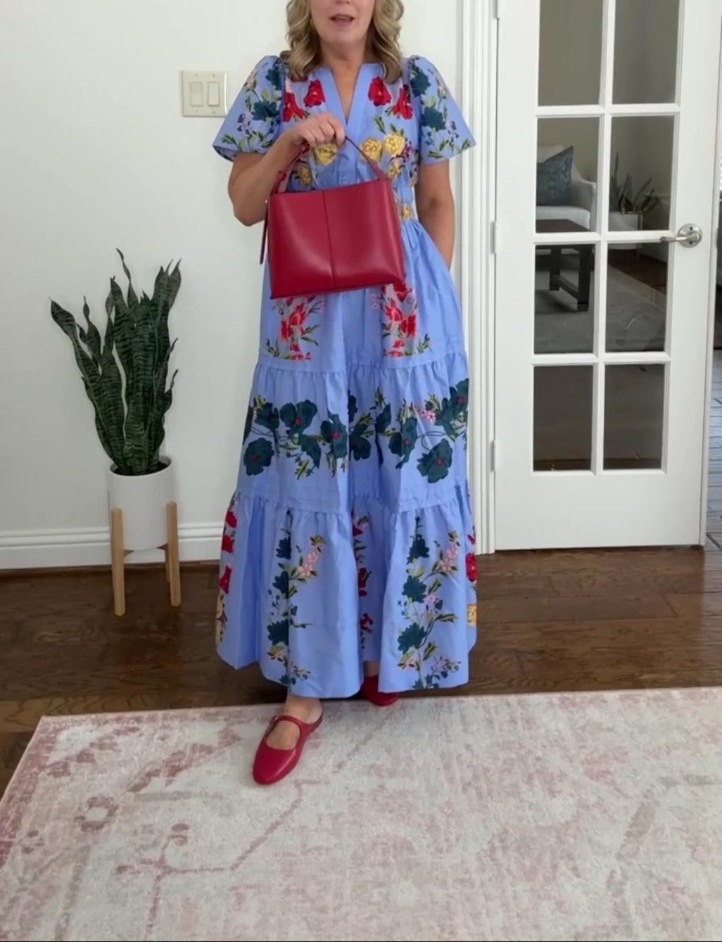 Elegant V-neck Smocked Waist Printed Dress