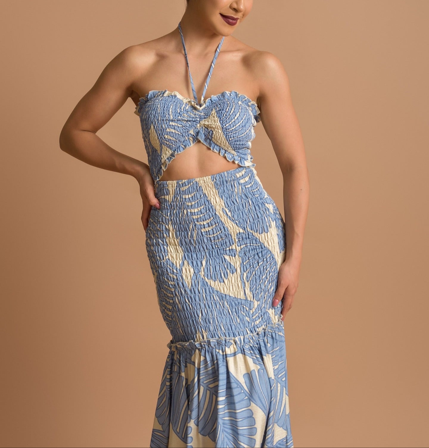 Temperamental blue dress with brown leaf print