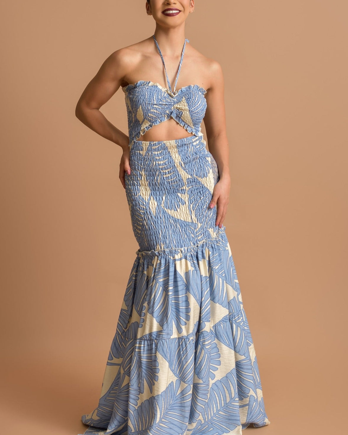 Temperamental blue dress with brown leaf print