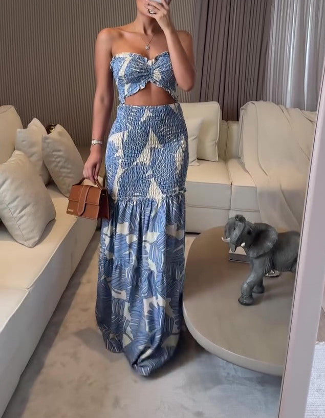 Temperamental blue dress with brown leaf print