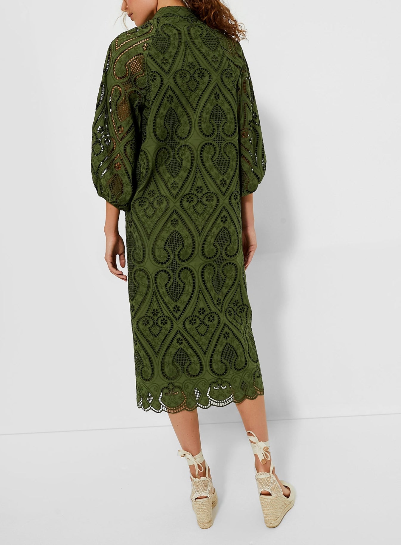 Balloon Sleeves Mandarin Collar Eyelet Lace Dress