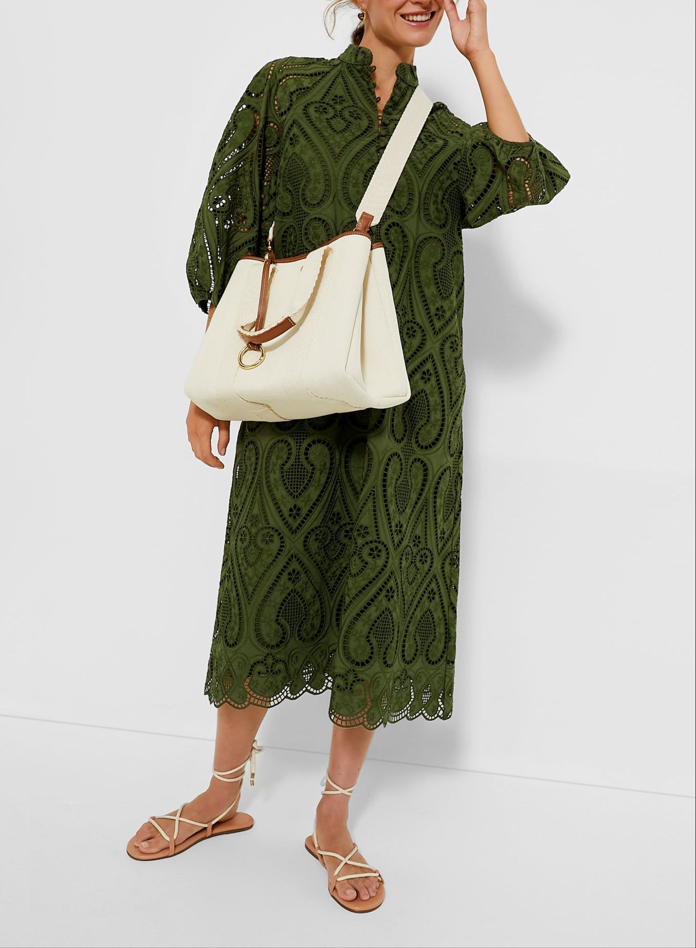 Balloon Sleeves Mandarin Collar Eyelet Lace Dress