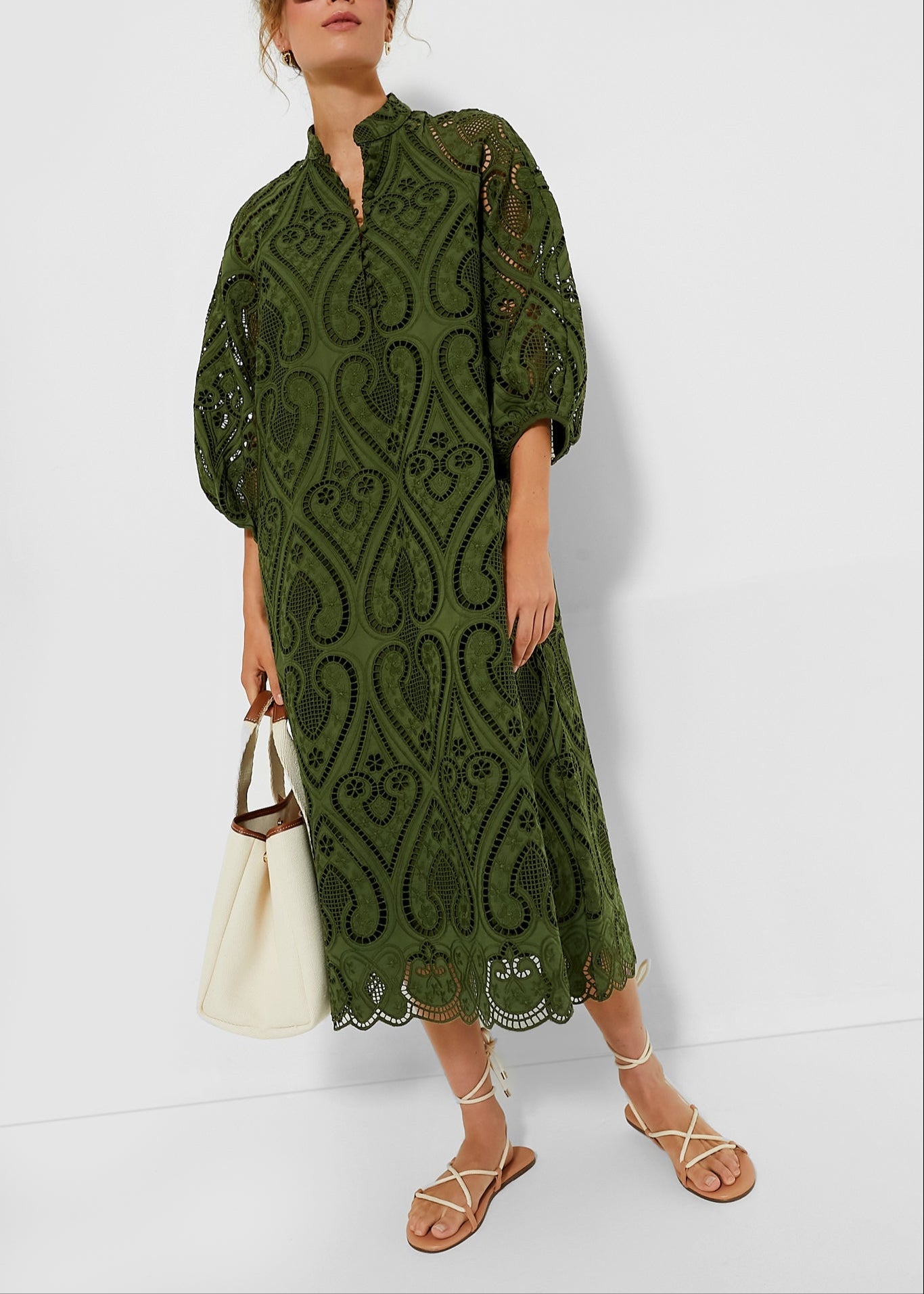 Balloon Sleeves Mandarin Collar Eyelet Lace Dress