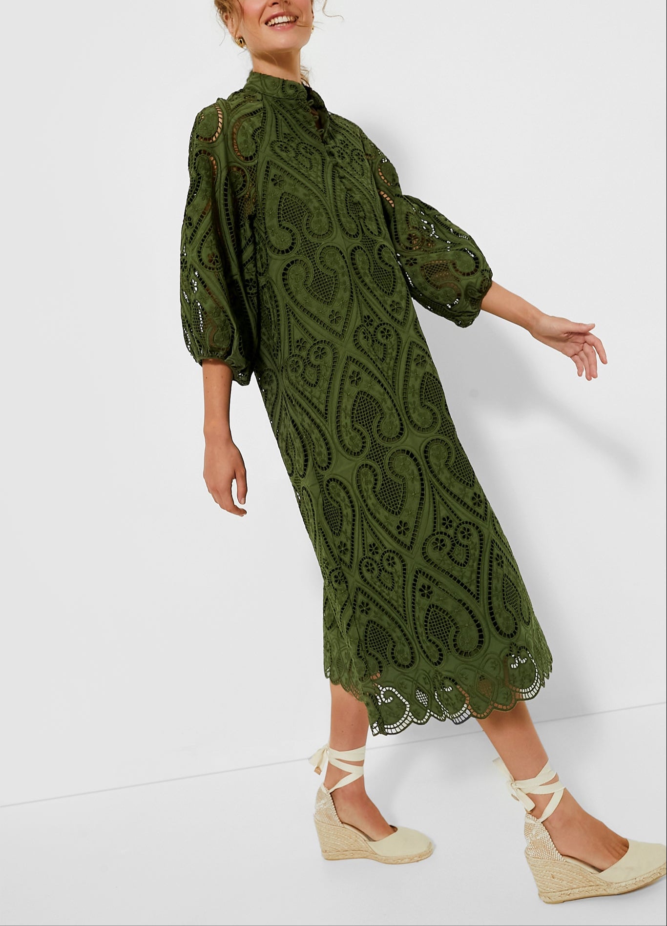 Balloon Sleeves Mandarin Collar Eyelet Lace Dress