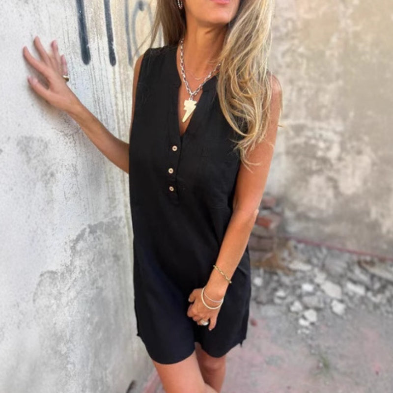 Women's sleeveless button-front V-neck dress
