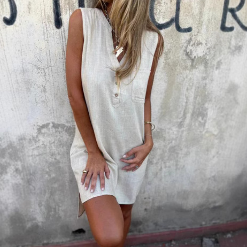 Women's sleeveless button-front V-neck dress