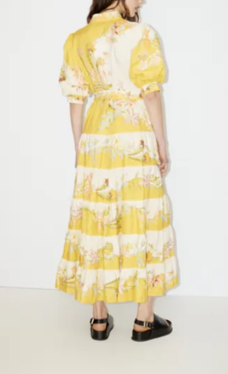 Belted Tiered Printed Linen Maxi Dress