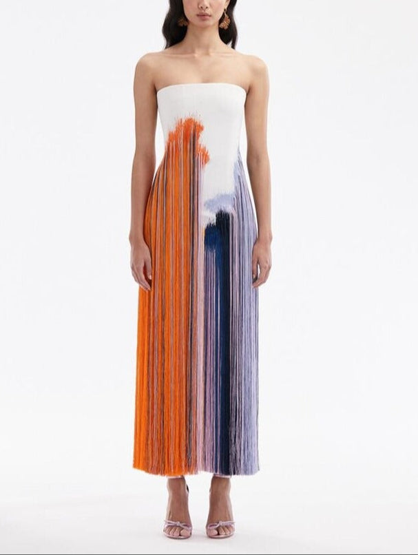 Abstract Brushstroke Fringe Cocktail Dress