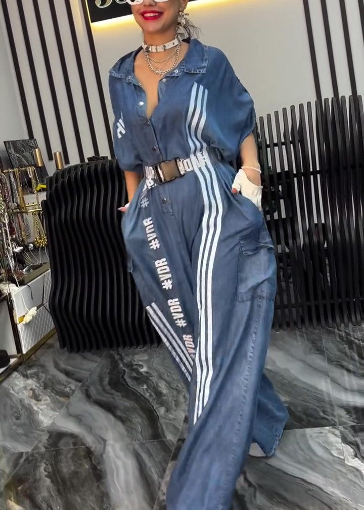 Paneled Striped Wide-leg Drawstring Denim Jumpsuit