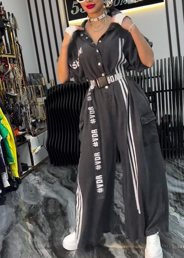 Paneled Striped Wide-leg Drawstring Denim Jumpsuit
