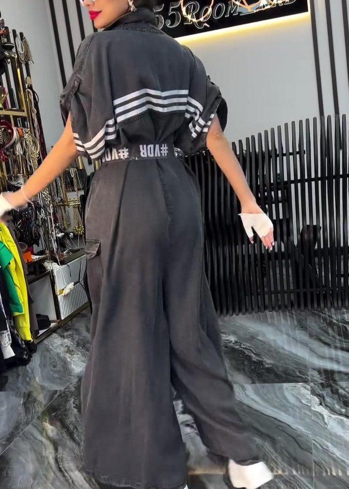 Paneled Striped Wide-leg Drawstring Denim Jumpsuit