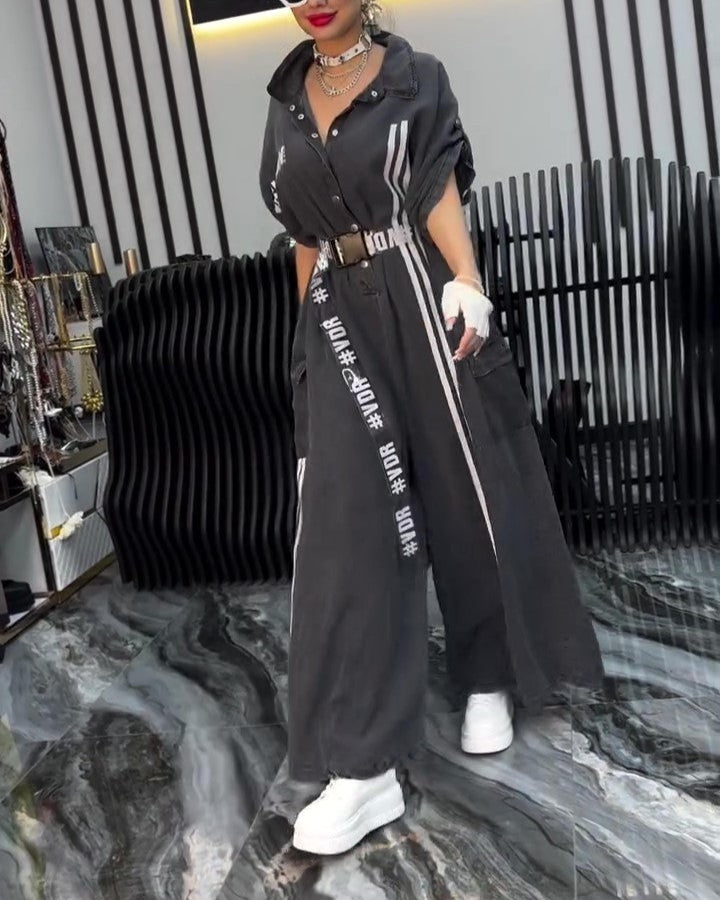 Paneled Striped Wide-leg Drawstring Denim Jumpsuit