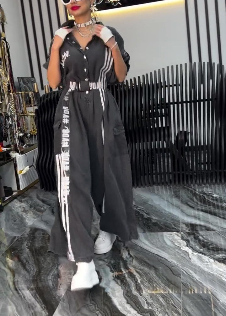 Paneled Striped Wide-leg Drawstring Denim Jumpsuit