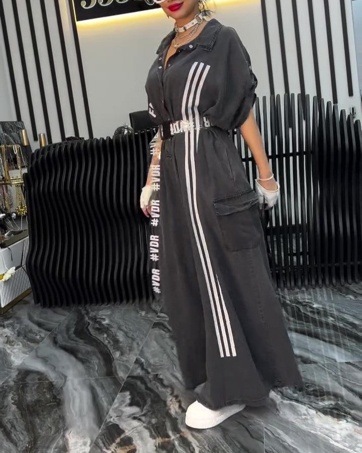 Paneled Striped Wide-leg Drawstring Denim Jumpsuit