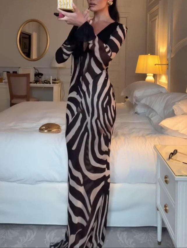 Elegant Mesh Zebra Print Lace-Up Dress