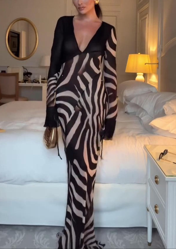 Elegant Mesh Zebra Print Lace-Up Dress