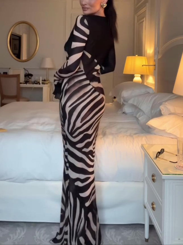 Elegant Mesh Zebra Print Lace-Up Dress