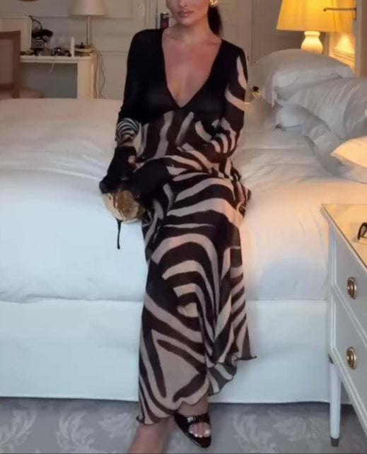 Elegant Mesh Zebra Print Lace-Up Dress