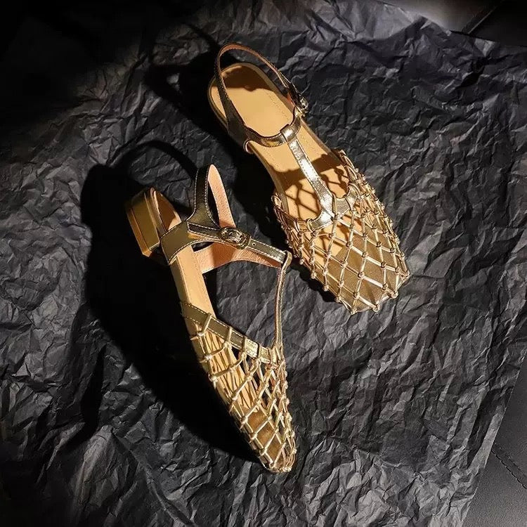 Vintage Hollow Mesh Buckle Sandals