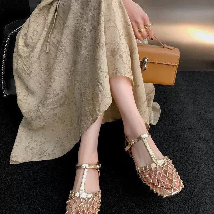 Vintage Hollow Mesh Buckle Sandals