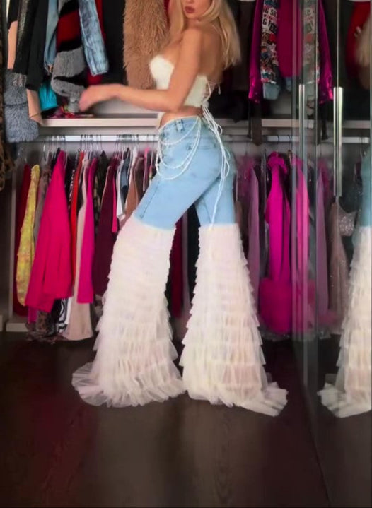 Denim Mesh Patchwork Mopping Pants
