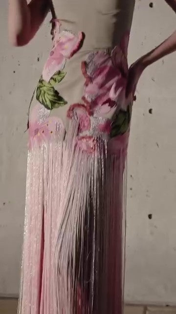 Sleeveless Embroidered Faille Gown With Fringe