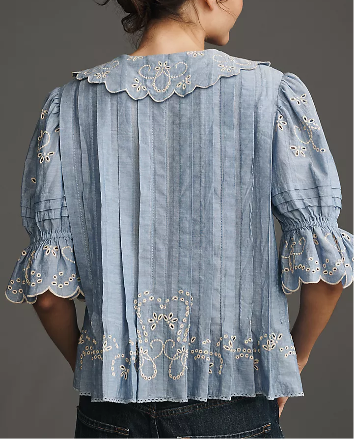 Short-Sleeve Collared Pleated Blouse