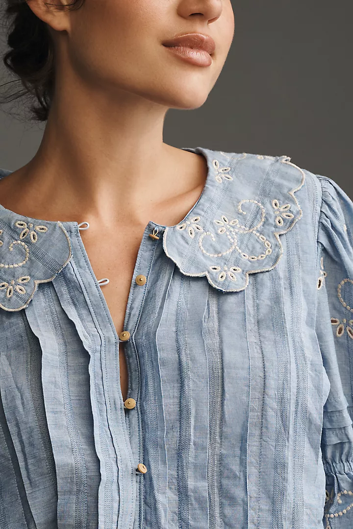 Short-Sleeve Collared Pleated Blouse