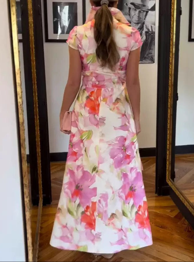Shirt Collar Short Sleeve Tie Waist Printed Dress