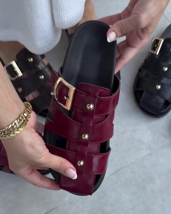 Closed-toe Square-buckle Leather Sandals