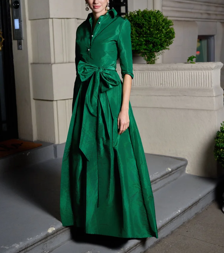 Elegant Green Bow Long Dress
