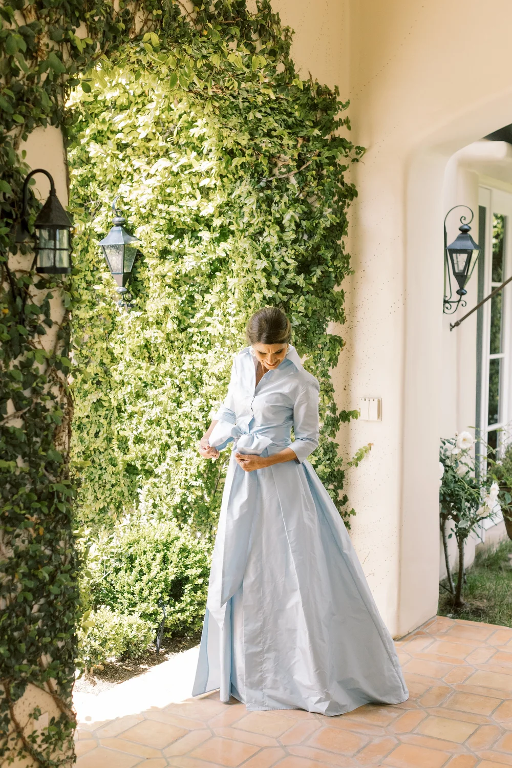 Elegant Blushed Blue Bow Belted Maxi Dress