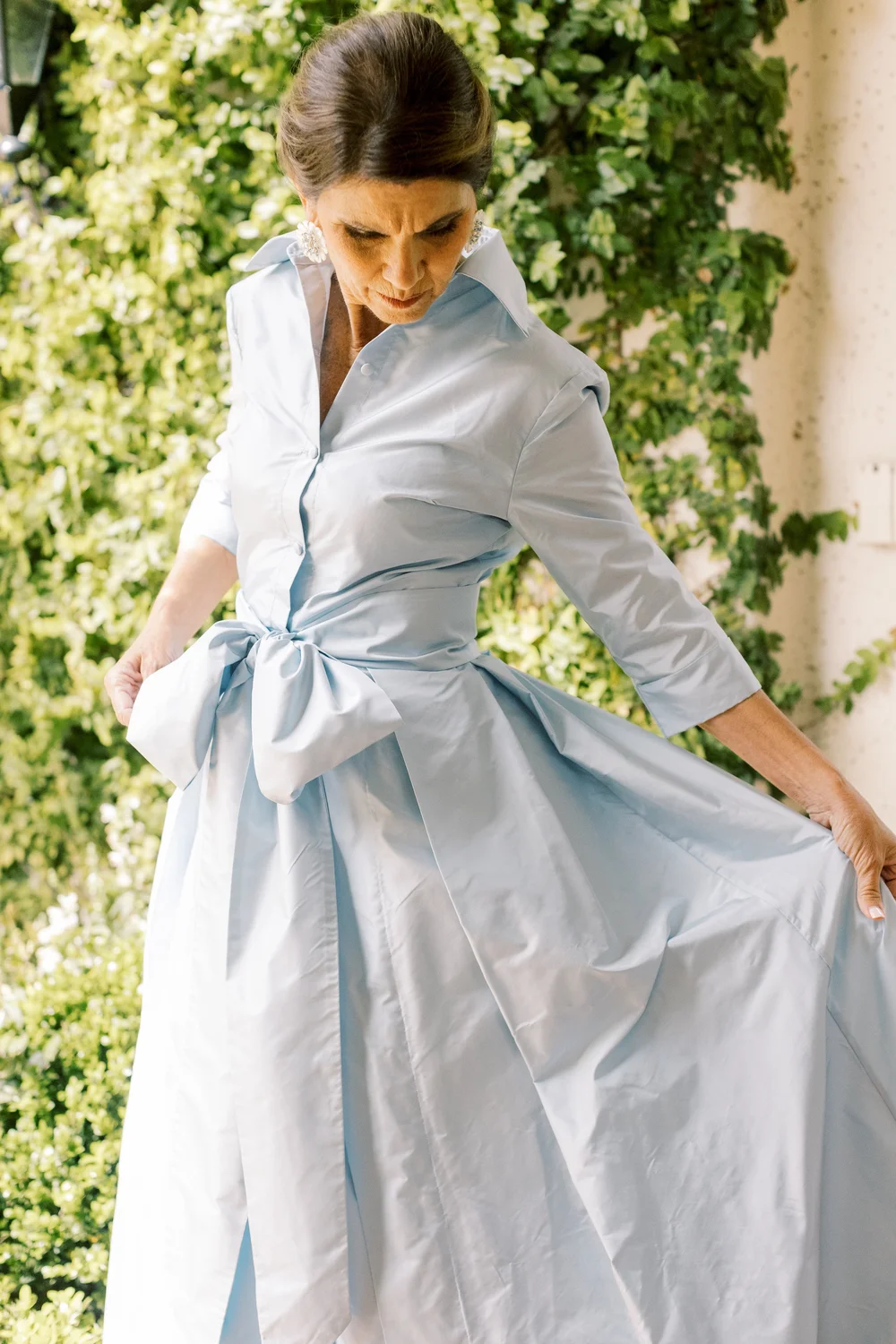 Elegant Blushed Blue Bow Belted Maxi Dress
