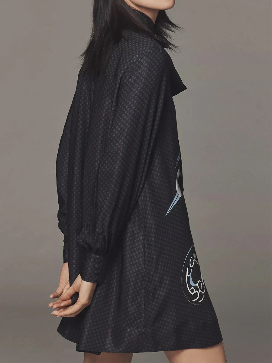 Adjustable Tie-neck Printed Loose Mini Dress