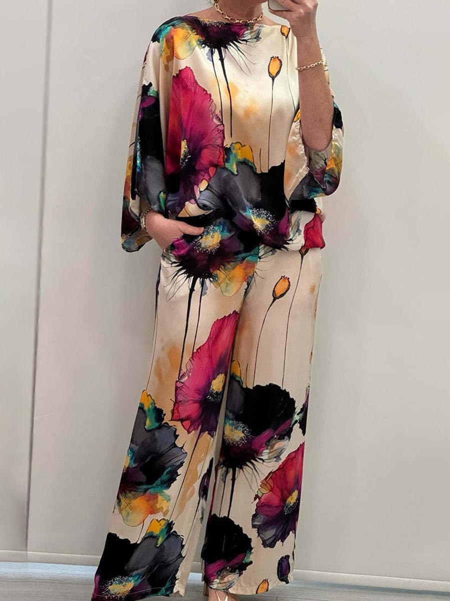 Elegant Satin Loose Printed Batwing Sleeve Suit