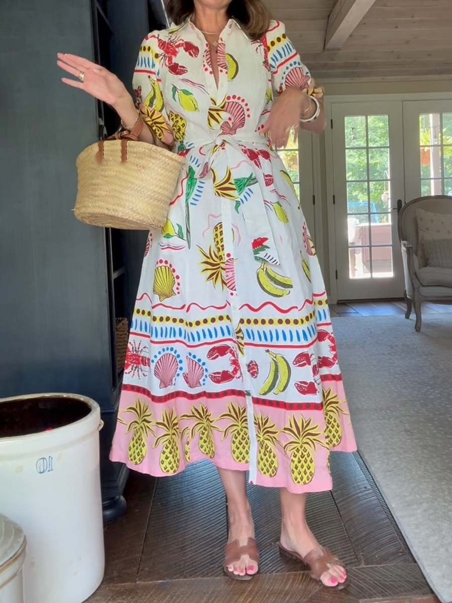 Printed Long Sleeve Belted Maxi Dress