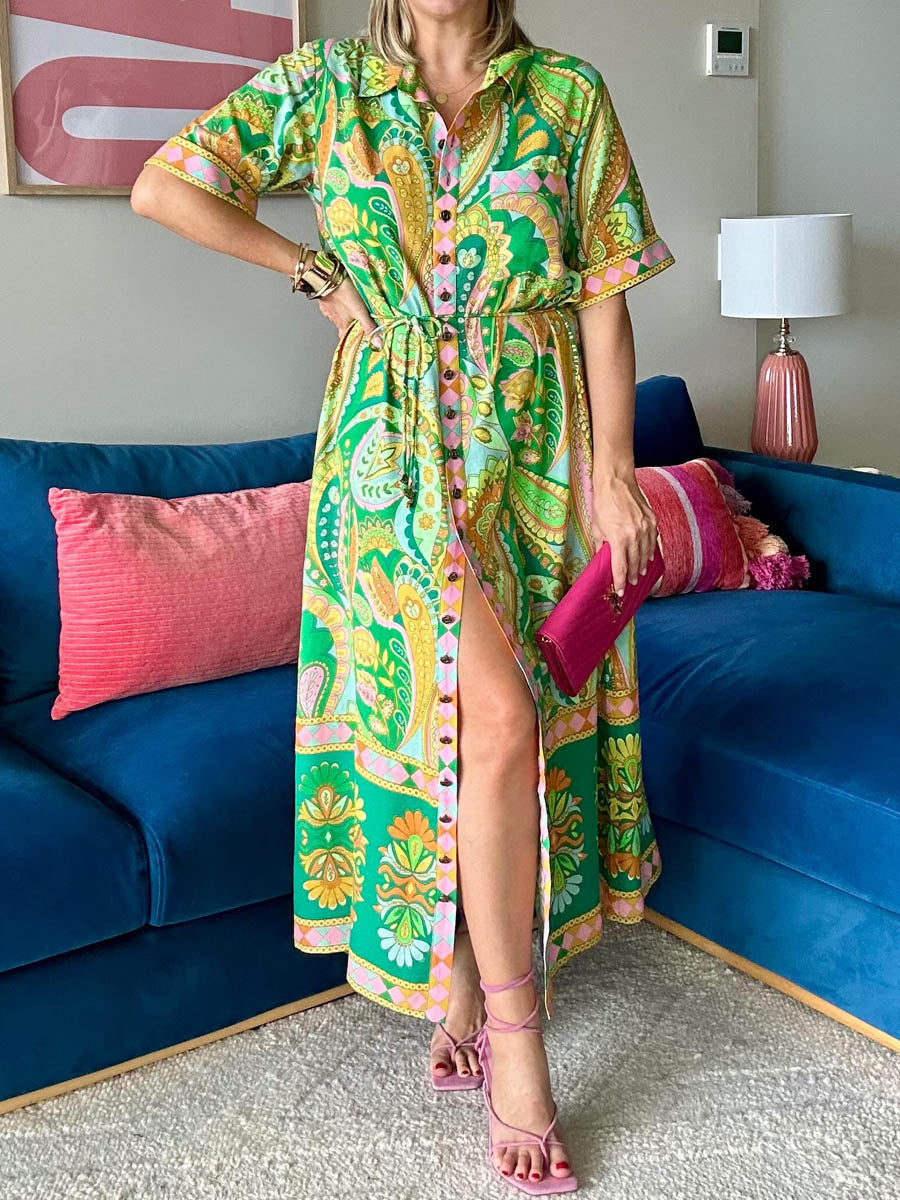Placement Print Short Sleeve Belted Dress