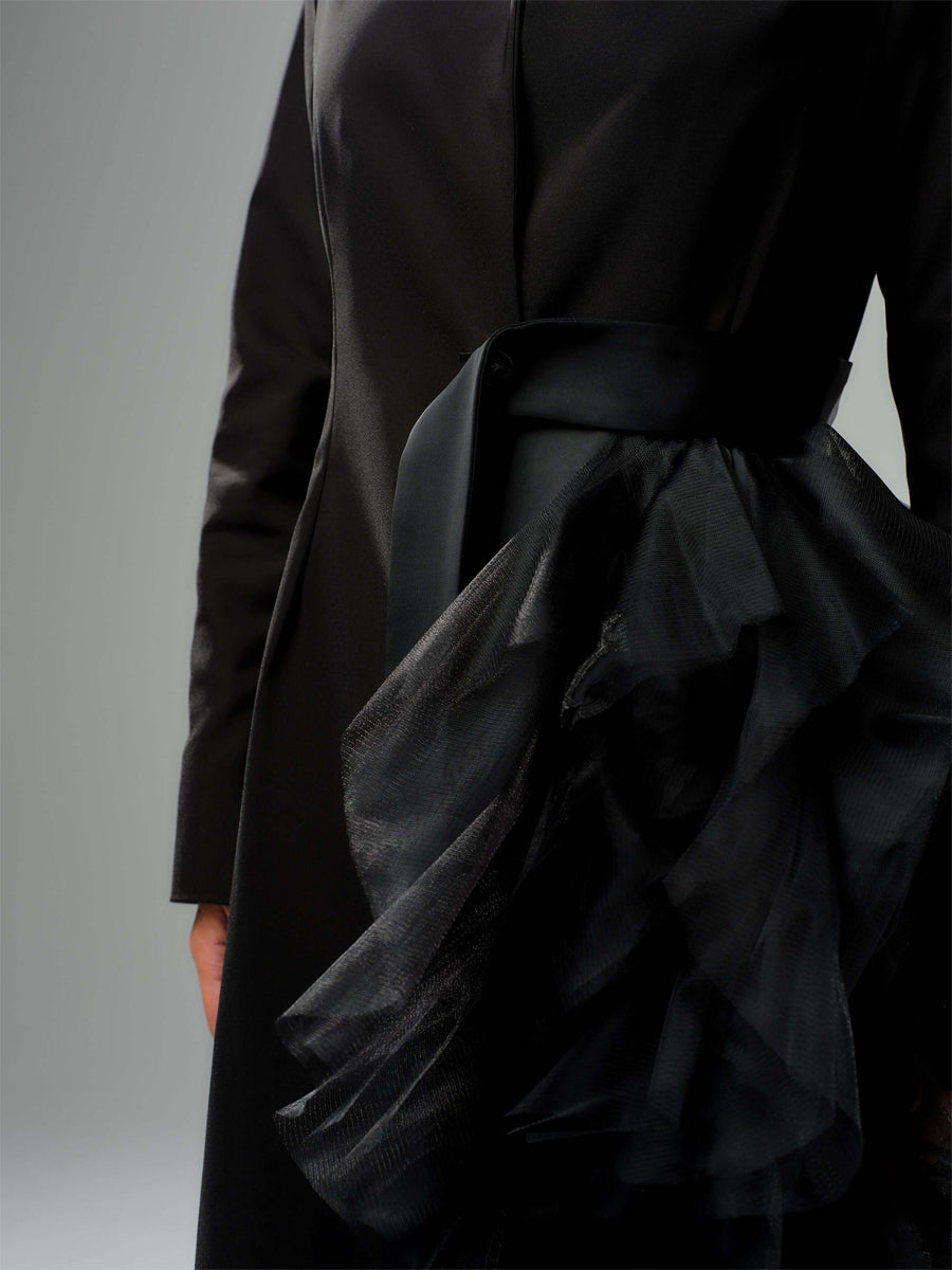 Asymmetric Layered Tulle High Collar Coat